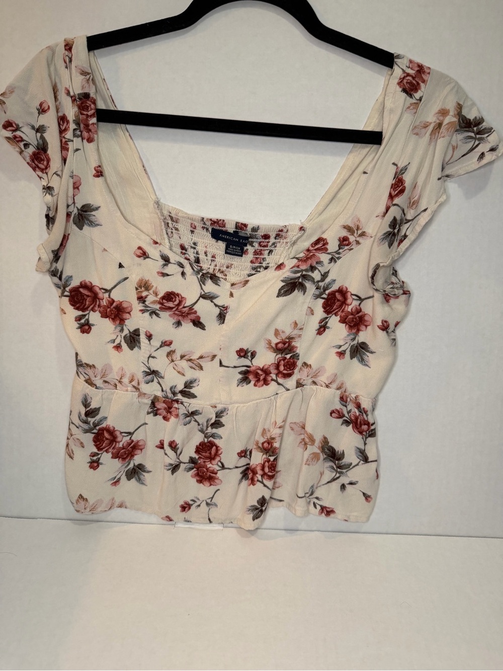 American Eagle Outfitters Cream Floral Peplum Top with Rose Print